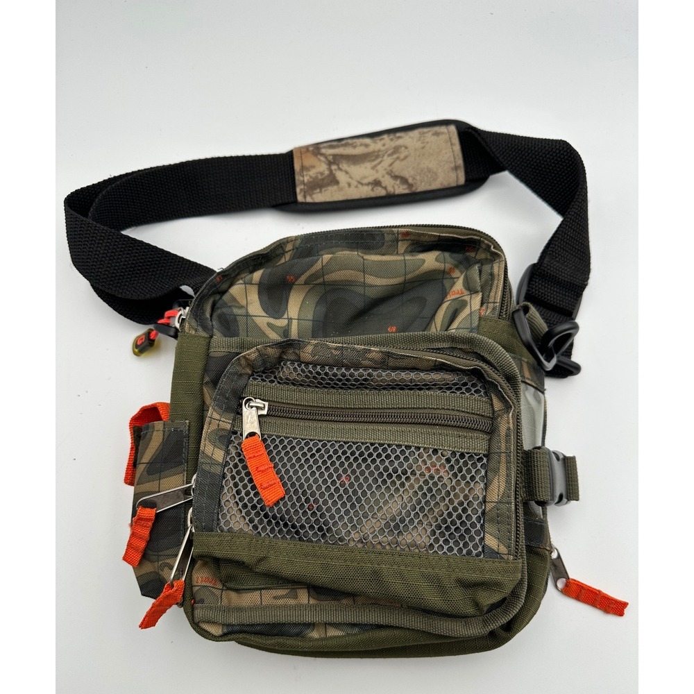 Vtg Gap Camouflage‎ Map Print Utility Bag Crossbody Sling Orange Green Y2K Fish